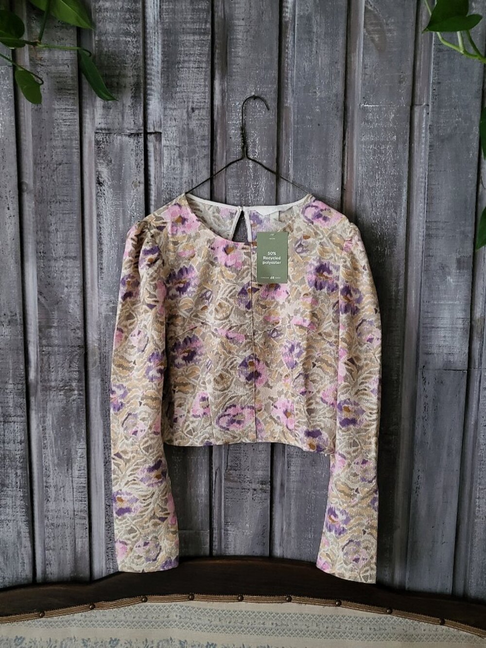Floral Crop Top Puff Long Sleeve Purple Beige M NWT